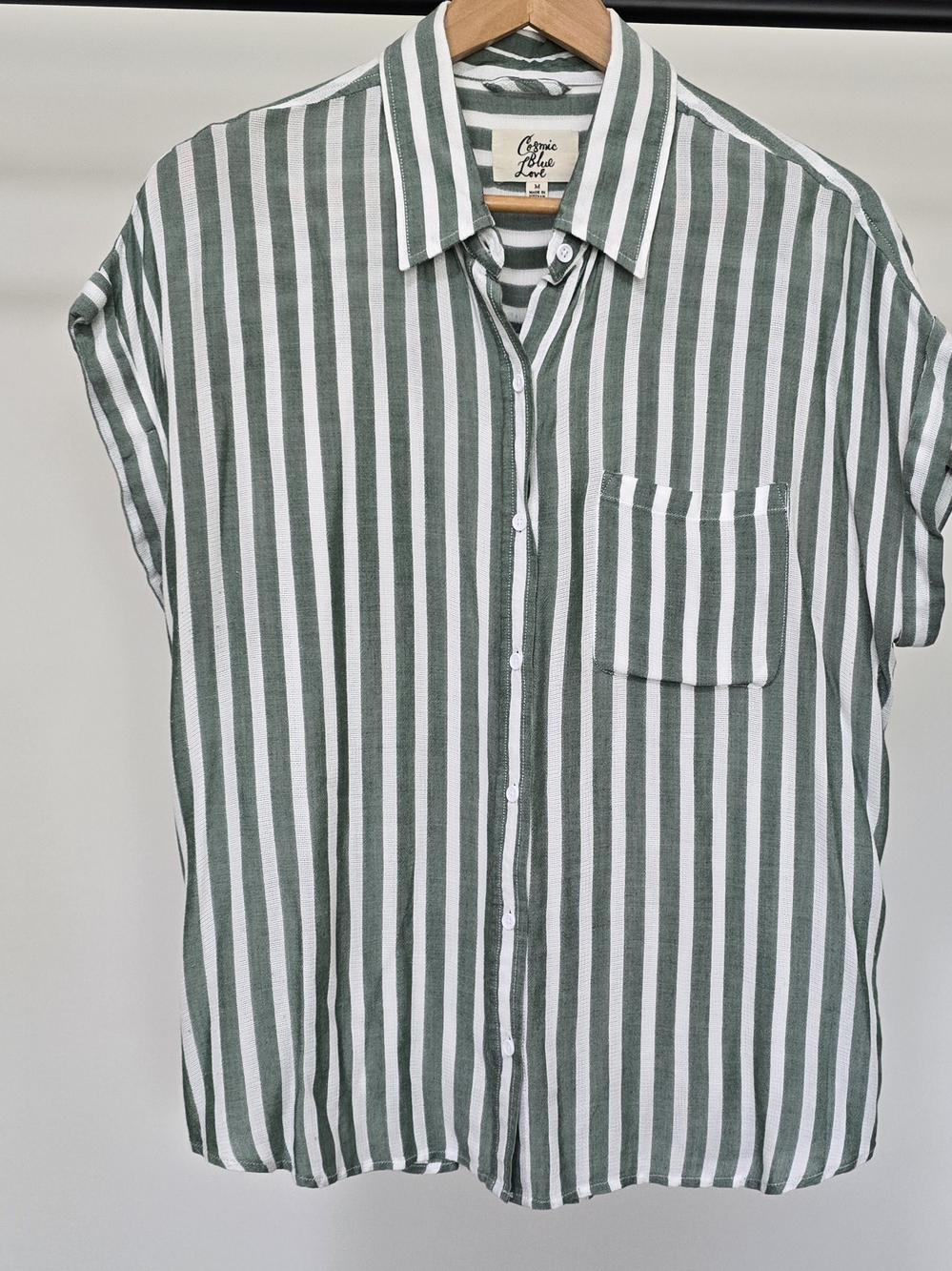 Cosmic Blue Love Green & White Vertical Stripe Button-Down Shirt